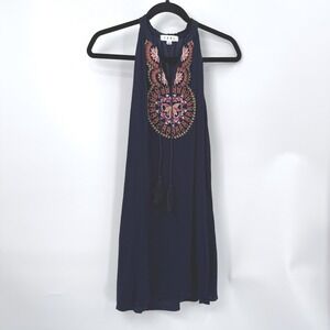 THML Embroidered Dress Womens L Navy Blue Tassel Boho Festival Indie Peasant